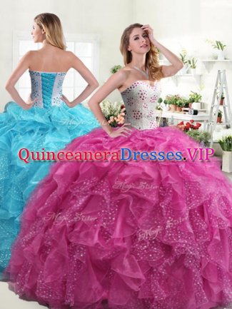 Stunning Hot Pink Sleeveless Beading and Ruffles Floor Length Quinceanera Dress