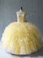 Flare Sleeveless Floor Length Beading and Ruffles Lace Up 15 Quinceanera Dress with Yellow