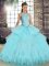 Aqua Blue Ball Gowns Tulle Scoop Sleeveless Lace and Embroidery and Ruffles Floor Length Lace Up Quinceanera Gown