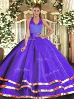 Affordable Purple Ball Gowns Tulle Halter Top Sleeveless Ruffled Layers Floor Length Lace Up Sweet 16 Dresses