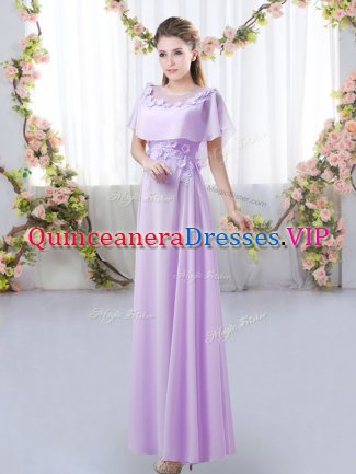 Enchanting Empire Quinceanera Dama Dress Lavender Scoop Chiffon Short Sleeves Floor Length Zipper