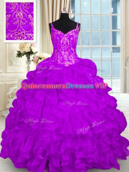 Pretty Purple Ball Gowns Spaghetti Straps Sleeveless Organza Brush Train Lace Up Beading and Embroidery and Ruffles Sweet 16 Dresses - Click Image to Close