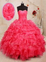 New Arrival Coral Red Lace Up Sweetheart Beading and Ruffles and Sequins and Hand Made Flower Quinceanera Gown Organza Sleeveless(SKU PSSW0193BIZ)