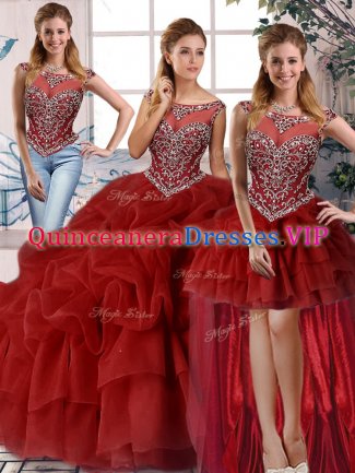 Unique Wine Red Zipper Sweet 16 Dresses Beading and Pick Ups Sleeveless Brush Train