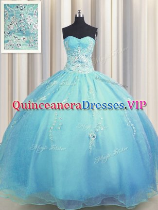 Graceful Zipper Up Baby Blue and Light Blue Organza Zipper Quince Ball Gowns Sleeveless Floor Length Beading and Appliques