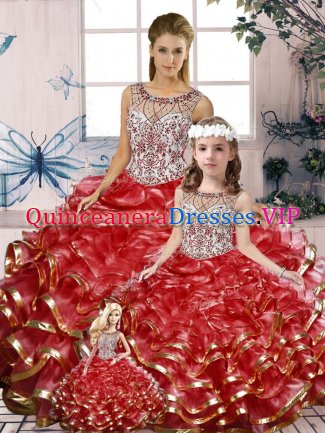 Red Ball Gowns Organza Scoop Sleeveless Beading and Ruffles Floor Length Lace Up Quinceanera Gown