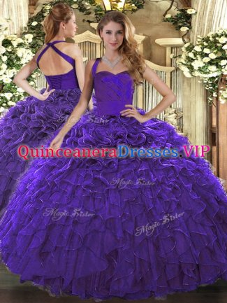 Admirable Sleeveless Organza Floor Length Lace Up 15 Quinceanera Dress in Purple with Ruffles