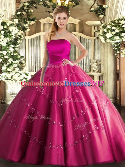 Affordable Tulle Strapless Sleeveless Lace Up Appliques Sweet 16 Quinceanera Dress in Hot Pink - Click Image to Close