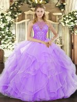 Luxurious Lavender Ball Gowns High-neck Sleeveless Organza Floor Length Lace Up Beading and Ruffles Quince Ball Gowns(SKU SJQDDT1222002-3BIZ)