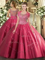 Custom Design Hot Pink Clasp Handle Sweet 16 Dress Beading and Appliques Sleeveless Floor Length(SKU SJQDDT1006002BIZ)