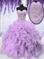 Lavender Sleeveless Floor Length Beading and Ruffles Lace Up Quince Ball Gowns