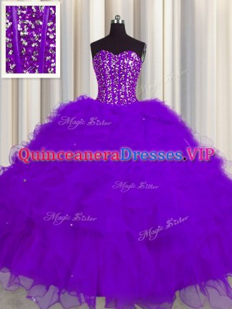 Vintage Visible Boning Purple Lace Up Vestidos de Quinceanera Beading and Ruffles and Sequins Sleeveless Floor Length