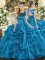 Attractive Teal Organza Lace Up Quinceanera Gowns Sleeveless Floor Length Ruffles