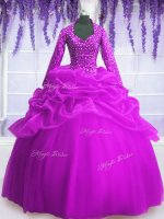 Customized V-neck Long Sleeves 15 Quinceanera Dress Floor Length Sequins and Pick Ups Fuchsia Organza