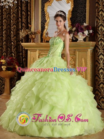 San Cristobal Dominican Republic Yellow Green Organza Ruffle Layers Quinceanera Dress With Applique decorate Strapless Bodice - Click Image to Close