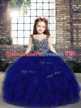 Top Selling Royal Blue Girls Pageant Dresses Party and Wedding Party with Beading and Ruffles Straps Sleeveless Lace Up