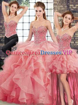 Artistic Sleeveless Brush Train Lace Up Beading and Ruffles Quinceanera Dress