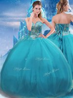 Wonderful Sleeveless Floor Length Appliques Lace Up Sweet 16 Dresses with Teal