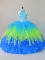 Halter Top Sleeveless Tulle Quinceanera Gown Beading and Ruffles Lace Up