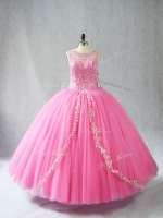 Scoop Sleeveless Sweet 16 Dress Floor Length Beading and Appliques Rose Pink Tulle