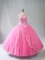 Scoop Sleeveless Sweet 16 Dress Floor Length Beading and Appliques Rose Pink Tulle