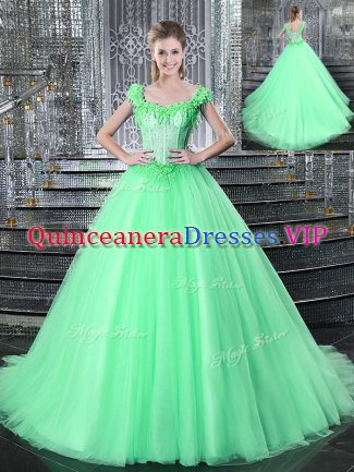 Straps Apple Green Sleeveless Brush Train Beading and Appliques With Train 15th Birthday Dress