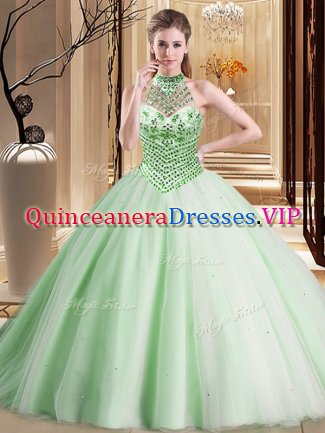 Great Brush Train Ball Gowns Sweet 16 Dress Apple Green Halter Top Tulle Sleeveless With Train Lace Up