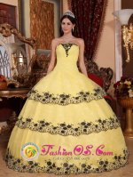 Classical Custom Made Light Yellow Ruffles Layered Quinceanera Dress With Appliques and Ruch In Cologne Germany