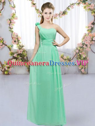 Luxurious Turquoise Chiffon Lace Up One Shoulder Sleeveless Floor Length Vestidos de Damas Hand Made Flower