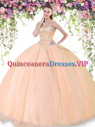 Fancy Peach Lace Up Sweetheart Beading Sweet 16 Dress Tulle Sleeveless