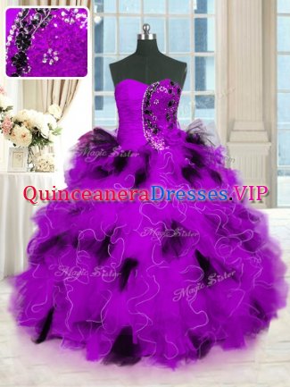 Glorious Multi-color Lace Up Strapless Beading and Ruffles Quince Ball Gowns Tulle Sleeveless