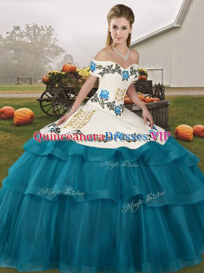 New Style Lace Up Sweet 16 Quinceanera Dress Teal for Military Ball and Sweet 16 and Quinceanera with Embroidery and Ruffled Layers Brush Train - Click Image to Close