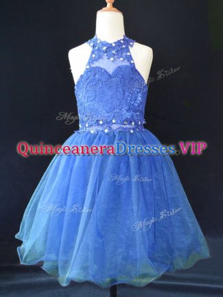 New Arrival Blue Lace Up Halter Top Beading and Lace Little Girls Pageant Gowns Organza Sleeveless