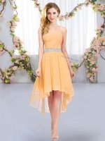 Captivating Sleeveless Lace Up High Low Belt Quinceanera Dama Dress