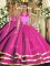 Sleeveless Tulle Floor Length Lace Up Quince Ball Gowns in Fuchsia with Ruffled Layers