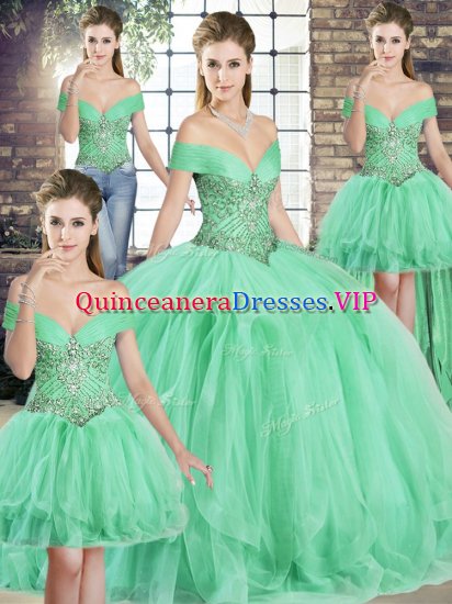 Flare Floor Length Apple Green Quinceanera Dress Tulle Sleeveless Beading and Ruffles - Click Image to Close