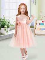 Best Baby Pink Organza Zipper Girls Pageant Dresses Sleeveless Tea Length Sequins and Hand Made Flower(SKU YCLD074-1BIZ)