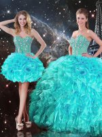 Edgy Aqua Blue Military Ball Gown Military Ball and Sweet 16 and Quinceanera with Beading and Ruffles Sweetheart Sleeveless Lace Up