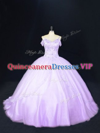 Trendy Sleeveless Beading Lace Up Vestidos de Quinceanera with Lavender Court Train