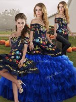 Perfect Blue And Black Quinceanera Gowns Military Ball and Sweet 16 and Quinceanera with Embroidery and Ruffled Layers Off The Shoulder Sleeveless Lace Up