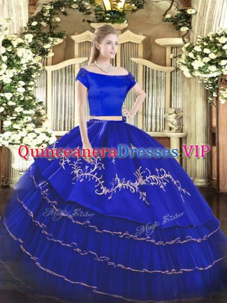 Two Pieces Ball Gown Prom Dress Royal Blue Off The Shoulder Organza and Taffeta Short Sleeves Floor Length Zipper