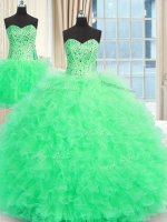 Gorgeous Three Piece Apple Green Lace Up 15th Birthday Dress Beading and Ruffles Sleeveless Floor Length