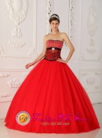 Gretna Nebraska/NE A-line Quinceaners Dress With Beaded Decorate Bust Red and black Strapless(SKU QDZY433-HBIZ)