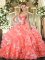 Watermelon Red Organza Lace Up Sweetheart Sleeveless Floor Length Ball Gown Prom Dress Beading and Ruffled Layers