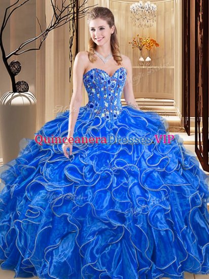 Shining Sleeveless Floor Length Embroidery and Ruffles Lace Up Quinceanera Dress with Royal Blue - Click Image to Close