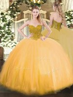 Vintage Gold Lace Up Sweetheart Beading Ball Gown Prom Dress Tulle Sleeveless