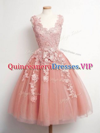 Knee Length Peach Quinceanera Court Dresses Tulle Sleeveless Lace