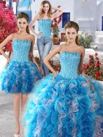 Luxurious Three Piece White and Baby Blue Ball Gowns Sweetheart Sleeveless Organza Floor Length Lace Up Beading Sweet 16 Dresses