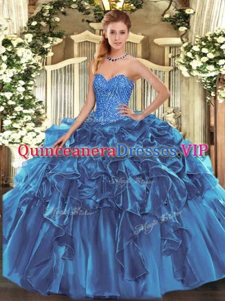 Best Selling Blue Lace Up Quince Ball Gowns Beading and Ruffles Sleeveless Floor Length