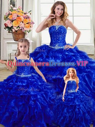 Royal Blue Sleeveless Organza Lace Up Quinceanera Gown for Military Ball and Sweet 16 and Quinceanera